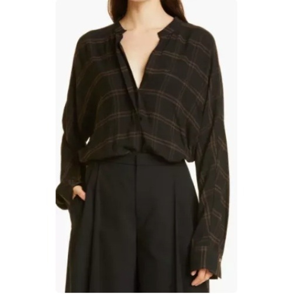 Vince Shadow Plaid Oversized Top Women's XXXL | Black Blouse | $325 Retail